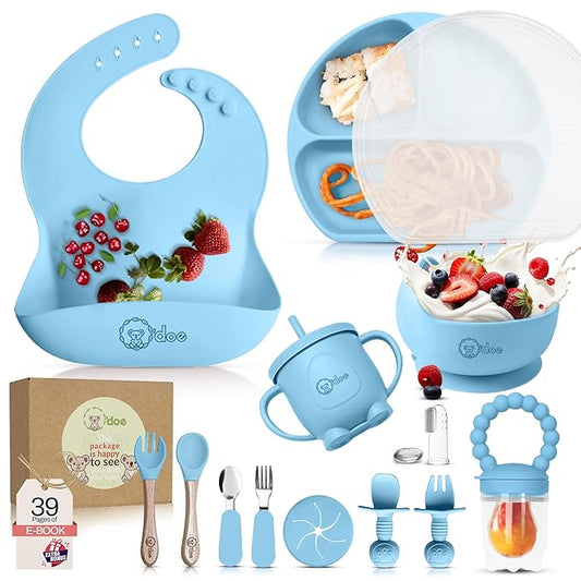 O'doe 17-Piece BPA-Free Silicone Baby Feeding Set | Thick & Soft Suction Plates, Baby Bowls, Wooden Fork & Spoon, and More | Make Mealtime Fun and Easy for Your Little One (Blue, V2)