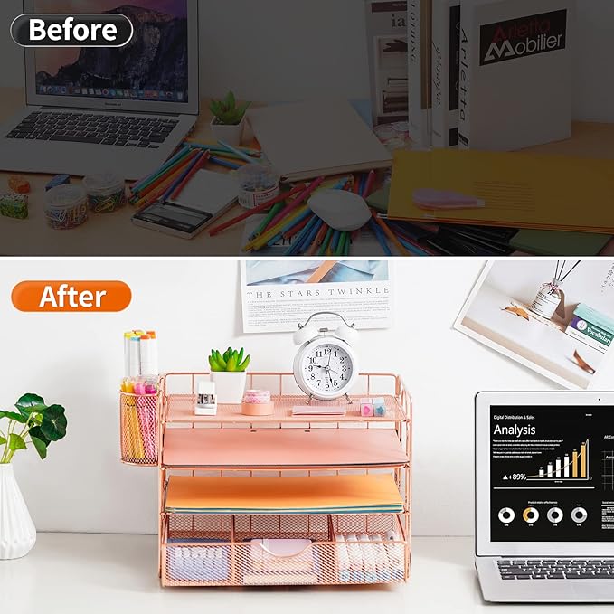 Lavatino 4-Tier Desk Paper Letter Tray Organizer for Desk Accessories & Workspace Organizers with Drawer and 2 Pen Holder for Home, School, Office Supplies Storage (Rose Gold)