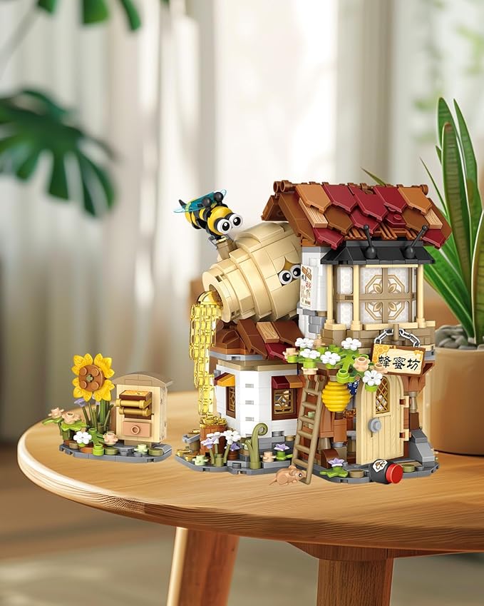 City Street View Honey Workshop Building Blocks Set, MOC Creative Bee Model Theme House, Simulation Architecture Construction Toy, Gifts Idea for Kids Adults (Mini Blocks 1242 pcs)