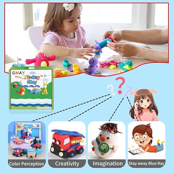 Air Dry Clay Kit - QMay 50 Colors DIY Modeling Clay Ultra Light Magic Clay, Nontoxic & Soft Clay with Sculpting Tools and Decoration Accessories, Art Craft Gift for Kdis 3-12