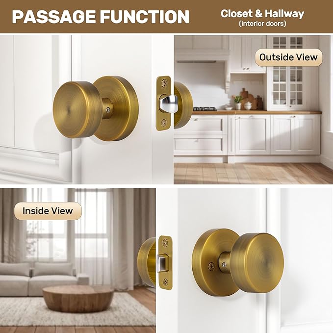 Antique Brass Passage Door Knobs Interior, Old Style Round Door Knob Antique Door Handle for Hallway Pantry Closet Door Knob