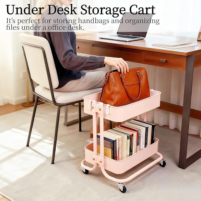 LIWNYRK 2 Tier Rolling Cart with Wheels for Under Desk Storage, Pink Small Rolling Pantry Storage Cart for Small Space, Metal Short Utility Shelf for Vanity Kitchen Bathrrom Laundry Organization