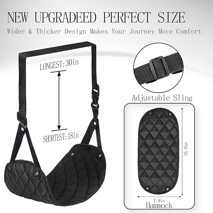 Premium 2-Pack Airplane Foot Hammock with 2 Eye Masks & 2 Earplugs Set - Adjustable Length Foot Rest for Comfortable Plane Travel, Portable Under Desk Flight Foot Leg Sling - Black & Blue