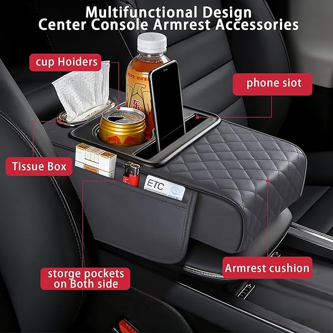 Car Armrest Cushion, Car Center Console Cover, Leather Armrest Cover for Car, Universal Middle Console Cushion with Storage Box, Cup Holder, Phone Slot, Waterproof Interior Accessories (Light gray)