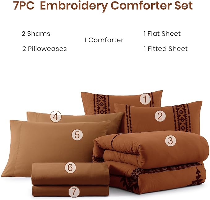 MaiRêve Embroidery Comforter Set, Boho Farmhouse Western Bedding Set, All Season Bed in A Bag Comforter Set with Sheets, Pillowcases & Shams, Burnt Orange Oversized Queen 7 Pieces