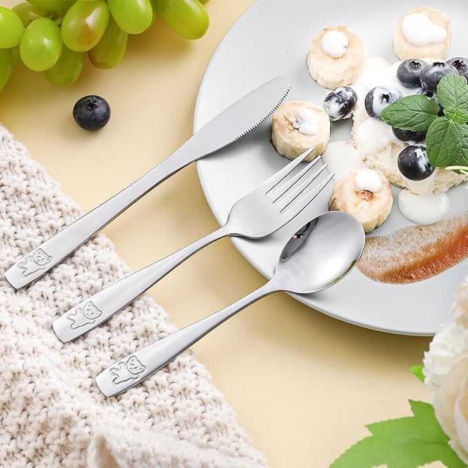 9 Piece Stainless Steel Kids Silverware Set,Toddler Utensils,Child and Toddler Flatware,Kids Utensil Set,Children Safe Forks, Spoons and Knives,Mirror Polished, Dishwasher Safe