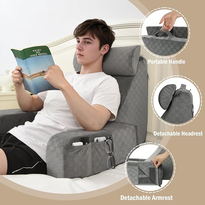 Vekkia 21" Reading Pillow with Arms and Headrest – Tall Back Support Cushion for Adults, Multi-Density Foam, Removable Cover & XL Side Pockets – for Reading, TV & Gaming in Bed & Floor 21"(Grey)