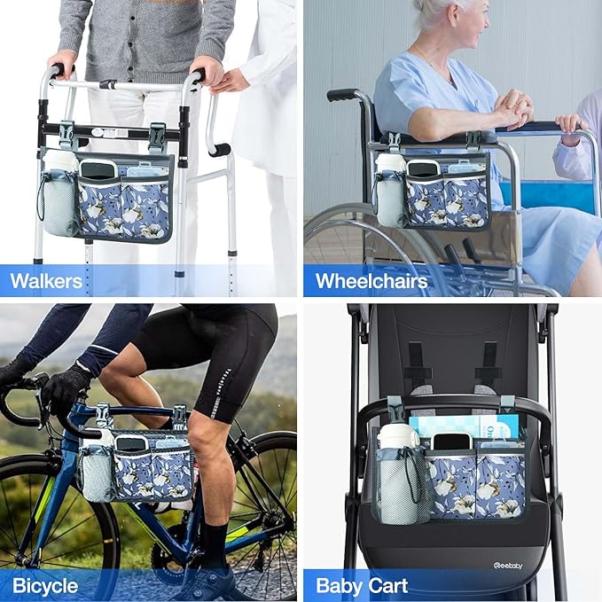 Wheelchair Bag, Walker Bag, Wheelchair Side Bag, Armrest Organizer Pouch with Cup Holder Attachment and Reflective Strip, Accessories for Most Wheelchairs, Walker, Rollators Purple-Malus