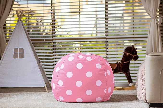 Wekapo Stuffed Animal Storage Bean Bag Chair Cover for Kids | Stuffable Zipper Beanbag for Organizing Children Plush Toys Large Premium Cotton Canvas (Pink Dot, XX-Large)