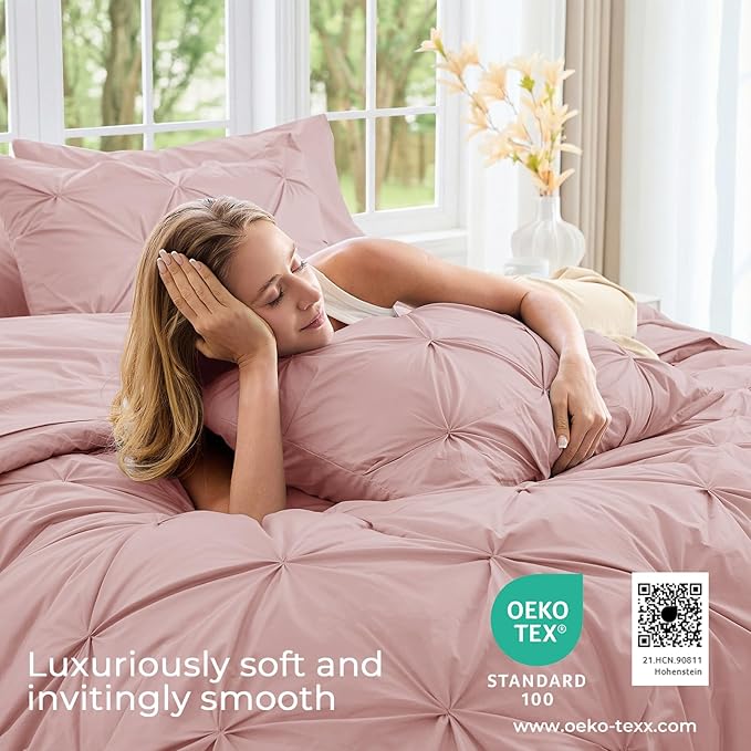 Sasttie Twin Comforter Set, 5-Piece Bed in a Bag, Pintuck Bedding Sets for All Season, Includes Comforter, Flat Sheet, Fitted Sheet, Pillowcase and Pillowsham, Rose Gold