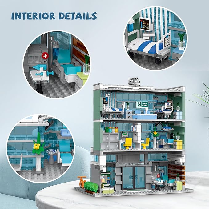City Hospital Toy Building Set with LED Lighting, Compatible with Lego, Modular Three-Story Architecture Set for Adults, Gift Idea for Kids Ages 10 and Up (1350 Pieces)