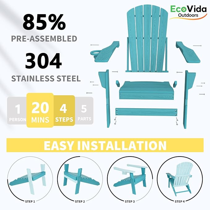 3-Piece Folding Adirondack Chair Set - 38" Extra Tall Back & Embossed Wood Grain, Oversized HDPE Patio Furniture with Side Table & Cup Holders, 380lb Heavy Duty, Aruba Blue