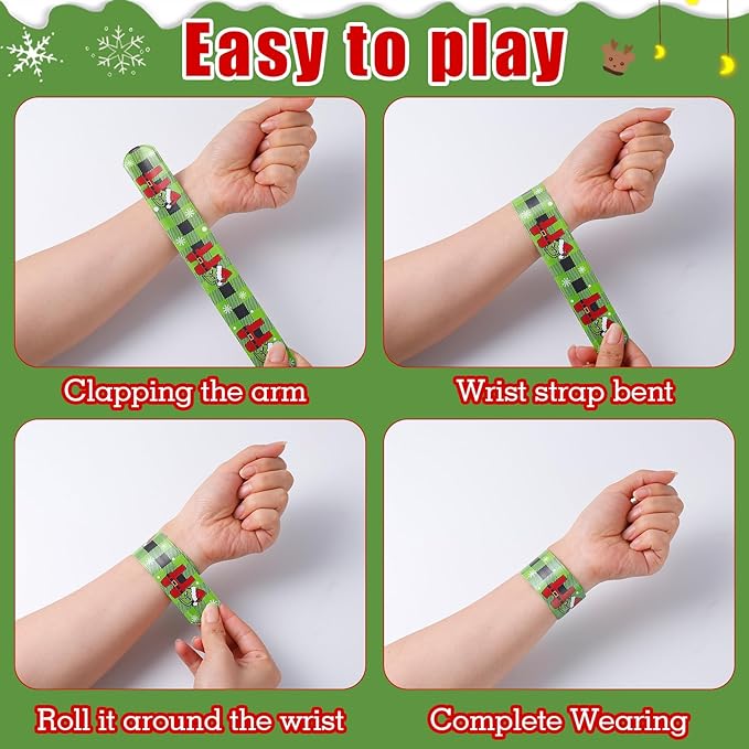 48PCS Christmas Slap Bracelets, Christmas Party Favors Toys for Kids Xmas Slap Wristbands Snap Bracelets Bulk for Christmas Stocking Stuffers Decoration Gifts Bag Filler