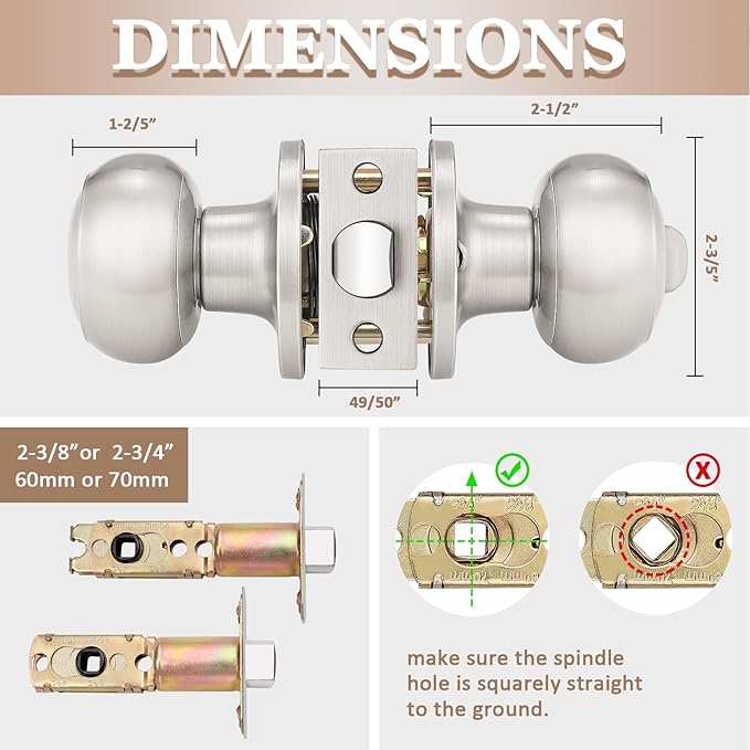 Probrico 1 Pack Satin Nickel Privacy Door Knob Keyless Doorknobs Interior/Exterior Lockset, Privacy Knobs for Bedroom/Bathroom, Modern Design Door Hardware