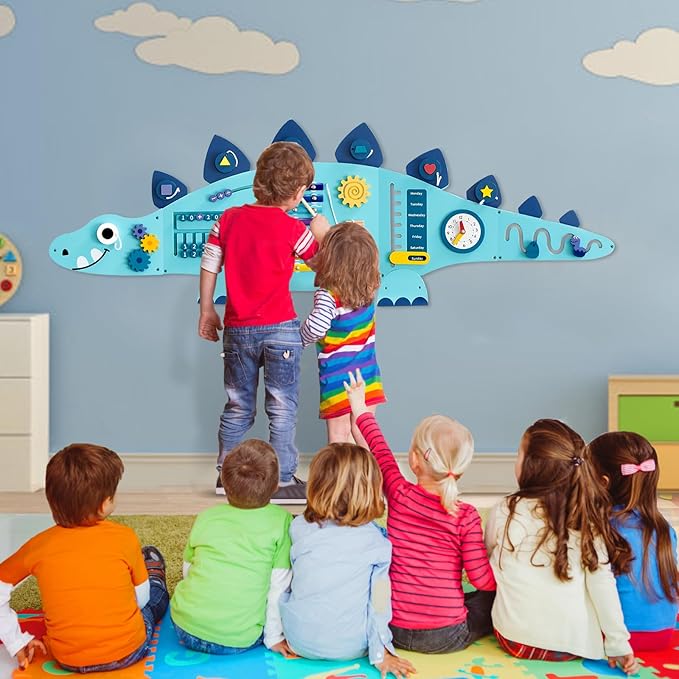 Beright Dinosaur Activity Wall Busy Board Panels, Montessori Sensory Toys, Toddler Learning Activity Center, Perfect for Toddler Playroom & Children's Daycare, Blue