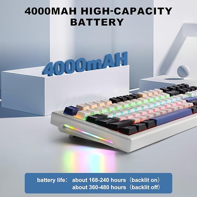 Wireless Mechanical Keyboard BT5.0/2.4GHz/USB, Multi-Color LED with 18+ Modes, Hot-Swappable Custom Keyboard, Red Creamy Switches, Gaming Keyboard for PC/Mac (Blue White)