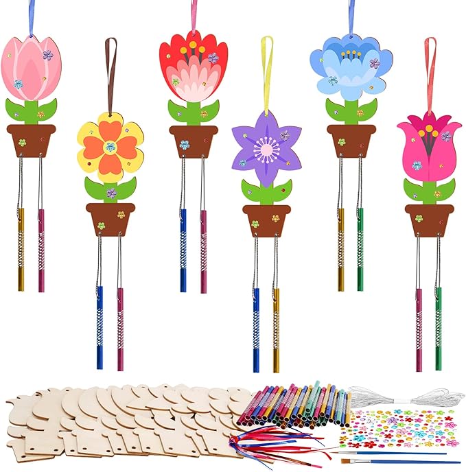 Fennoral 12 Pack Flower Wind Chime Craft for Kids Make You Own Flower Wind Chimes Ornaments DIY Coloring Wooden Art and Craft for Spring Summer Art Activities Birthday Decorations