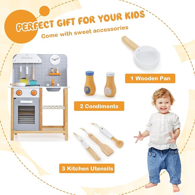HONEY JOY Kids Kitchen Playset, Toddler Wooden Play Kitchen Set w/Sink, Stove & Oven, Cooking Accessories, Large Storage Cabinet, Little Chef Pretend Play Toy Kitchen Set, Gift for Boys Girls, Gray