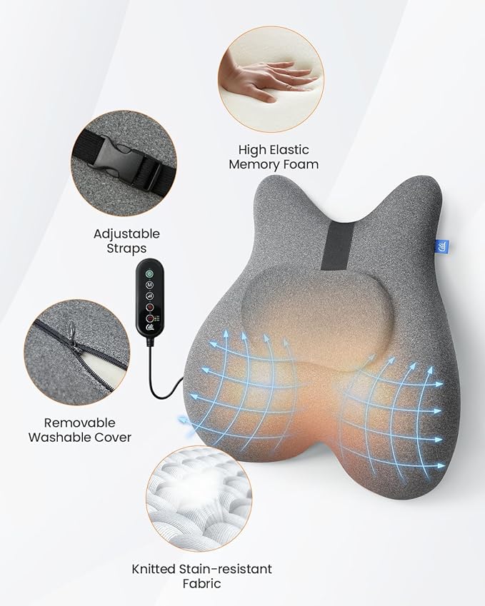 CILI Heated Lumbar Support Pillow for Office Chair, Memory Foam Lumbar Pillow with 4 Shiatsu Massage Heads, Graphene Heating Back Support Cushion, Chair Back Massager, Gifts for Him/Her