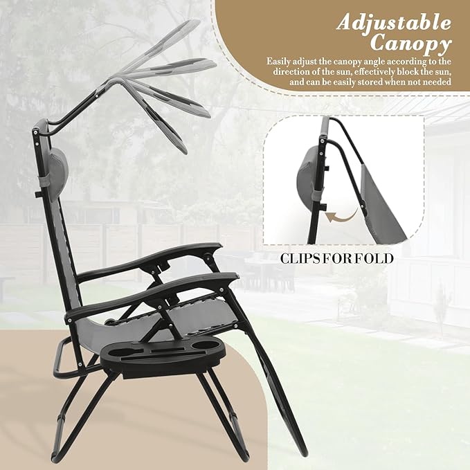 Athena Collection Zero Gravity Outdoor Lounge Chair Set of 2 with Canopy Shade, 25" Width Pool Lounge Lawn Chairs Reclining with Cup Holder, Outdoor Chaise for Beach Patio Outside, Grey