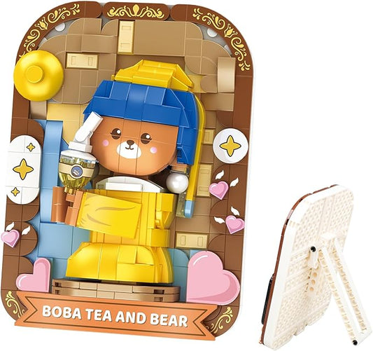 Cute 3D Painting Anime Toy Building Sets,Model Building Kits for Kids Adults,Boba Tea and Bear Building Blocks Sets ,Famous Art Sets for Women,Birthday Gifts for Kids(393+ Pieces Bricks)