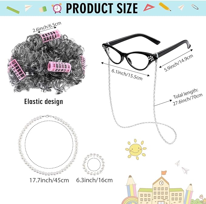 6 Pcs Kids 100 Days of School Costume for Girls Old Lady Granny Grandma Costume with Wig Happy 100 Days T-Shirt