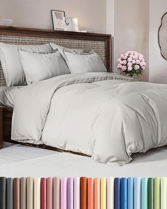 Duvet Cover Full Size Set - Extra Soft Full Size Duvet Cover 80 x 90 with 2 Pillow Shams - Hotel Luxury Easy Care and Fade Free w/Zipper Closures & Ties - Comfy Breathable Bedding Set (French Grey)