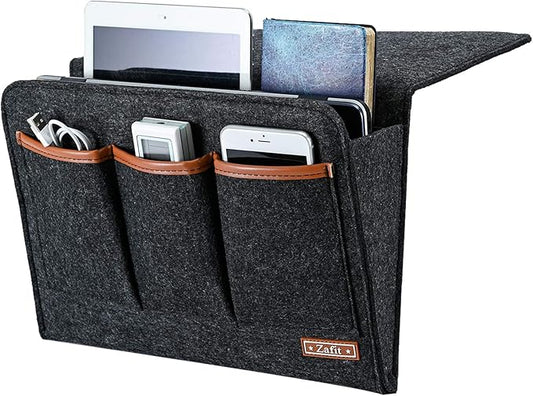 Bedside Caddy, Large Size Storage Organizer with 6 Pockets for Magazine, Remotes, Phone (13.4'' x 18.1'', Dark Grey)