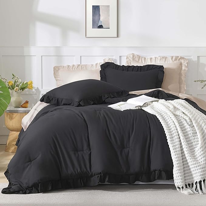 Andency Black Ruffle Comforter Oversized Queen(98x98Inch), 3 Pieces(1 Ruffled Comforter and 2 Pillowcases) Solid Farmhouse Shabby Chic Bed, Vintage Rustic Soft Microfiber Bedding Set