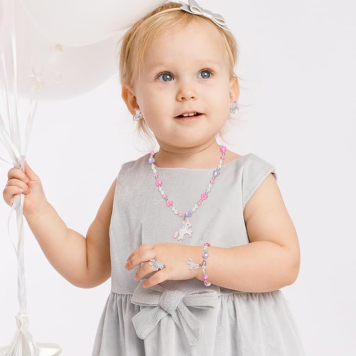 Girls Play Necklace and Bracelets Ring Clip on Earrings Toddler Unicorn Jewelry Kids Little Girls Unicorn Necklace Set Charm Bling Bling Unicorn Pendants Party Favors Toddlers Colorful Dress up Jewelry Gifts-AA002