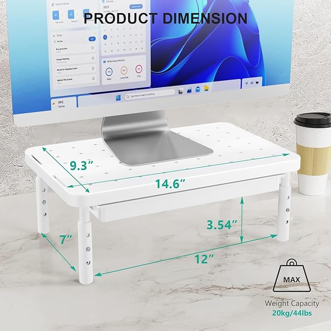 WALI Computer Monitor Stand with Storage, Desk Monitor Riser 3 Height Adjustable, Laptop Riser with Airflow Vents, Desk Organizer for Computer, Laptop, Printer (PTT002-W), 1 Pack, White
