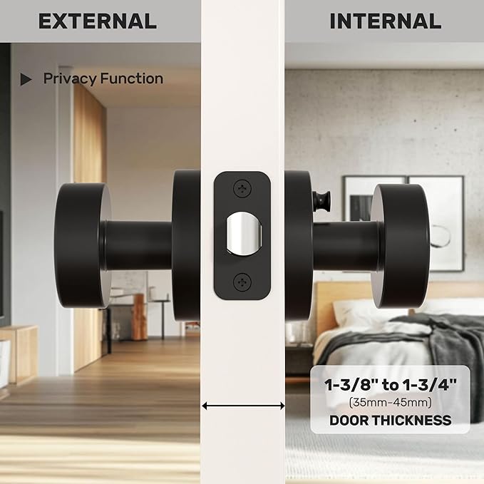 Matte Black Door Knobs Interior Black Privacy Door Knob with Lock, Heavy Duty Round Vintage Door Handle for Bedroom Bathroom