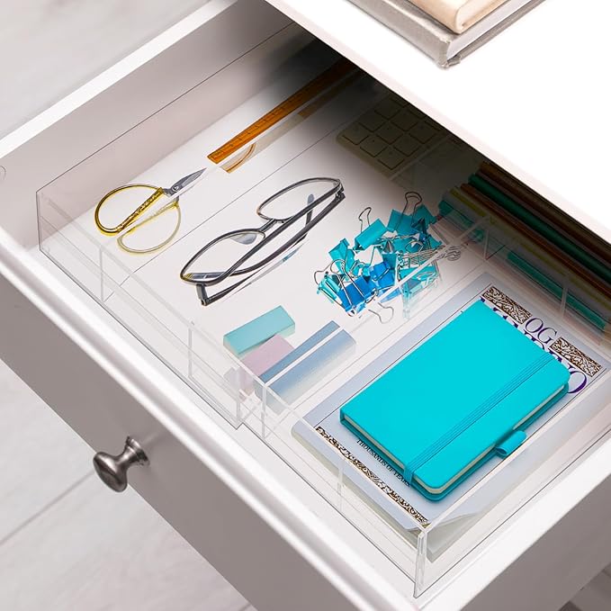 Briwooody 2 Pcs Acrylic Drawer Organizer 9'' up to 18'' x 15'' x 2'' Expandable Drawer Organizer Pens Notebook Ruler Makeup Tray with 7 Adjustable Compartments for Desk Office Kitchen Bathroom(Clear)