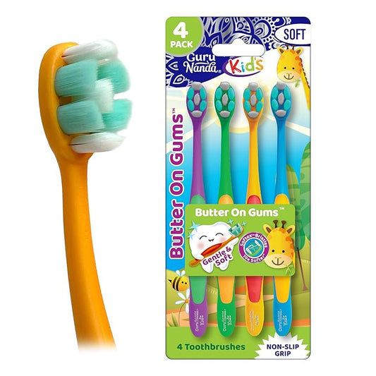 GuruNanda Butter On Gums Kids Toothbrush - 4 Pack Extra Soft Bristles Toothbrush for Kids, Multi-Colored & Fun to Use for Beginner Cleaning - Ergonomic Grip Handle - BPA & Cruelty-Free (Age 3+)