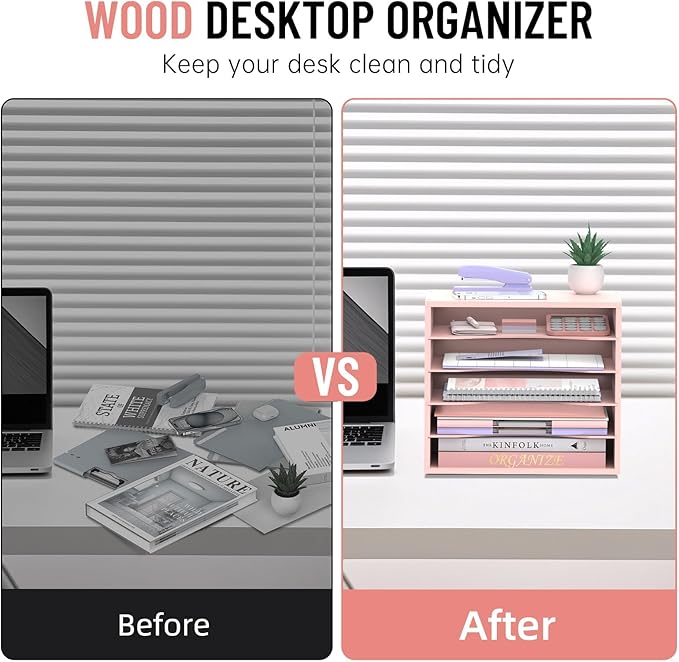 5-Tier Wood Desk Organizer, Paper Tray Organizer for Desk with Adjustable Storage Shelves, Desktop File Organization Paper Sorter Mail Holder for Office Home Classroom, Pink