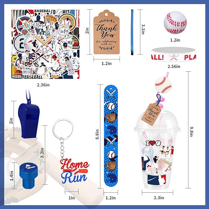 Baseball Party Favors 170 Pcs Baseball Birthday Party Decoration With Cups Straws Slap Bracelets Whistles Stress Balls Wristbands Keychains Stamps Stickers Thank you Tags(Baseball)