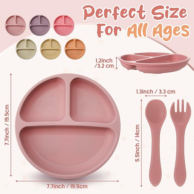 Meanplan 6 Pack Suction Plates for Toddlers with Lids Silicone Baby Plates set Food Grade Silicone Divided Design BPA Free Microwave and Dishwasher Safe Assorted Colors(Cute Colors)