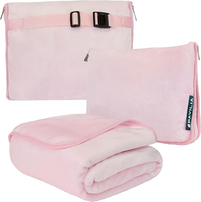 PAVILIA Travel Blanket Pillow, Soft Airplane Blanket 2-in-1 Combo Set, Plane Blanket Compact Packable, Flight Essentials Car Pillow, Travelers Gifts Accessories, Luggage Backpack Strap, 60x43 Pink