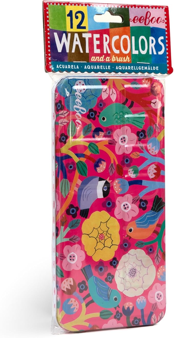 eeBoo: Birds in Fuchsia 12 Watercolors - Paint Set w Brush, Beautiful Design Tin Box, 12 Vibrant Colors, Kids Art Supplies, Ages 3+