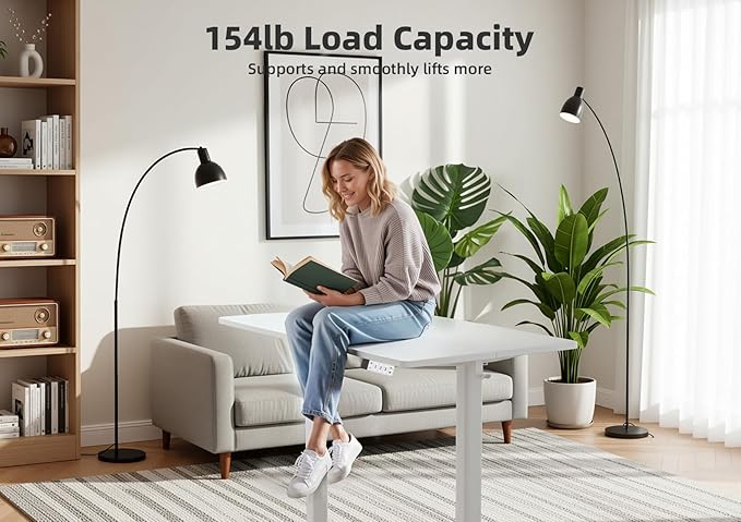 Seang Electric Height Adjustable Standing Desk, 55 x 24 Inch Sit-Stand Desk with T-Shaped Frame, 3 Memory Presets & Cable Management for Home Office Computer Workstation, White Frame/White Top