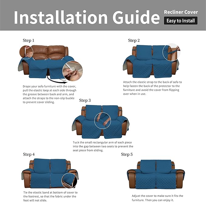 Easy-Going Loveseat Recliner Cover, Reversible Couch Cover for Double Recliner, Split Sofa Cover for Each Seat, Furniture Protector with Elastic Straps for Kids, Dogs(2 Seater, Peacock Blue/Beige)