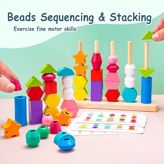 Montessori Toys Bead Sequencing, Wooden Lacing Beads & Matching Shapes Colors Stacking Toy for 2 3 4 5 Year Old, Toddlers Preschool Learning Fine Motor Skills Toys