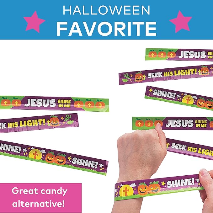 Fun Express Christian Pumpkin Slap Bracelets - 12 Pieces - Religious Halloween Supplies, Sunday School Handouts