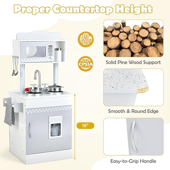 HONEY JOY Kids Kitchen Playset, Double Side Little Chef Play Kitchen for Toddlers, Oven & Sink, Ice Cube Dispenser, Utensils, Microwave, Storage Cabinet, Wooden Pretend Play Toy Kitchen Set, Gray