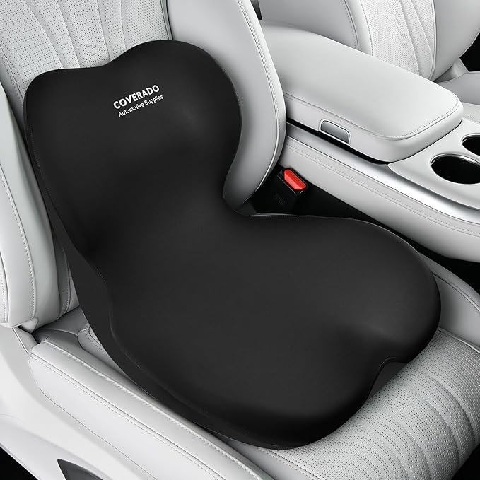 Coverado Car Seat Cushion and Lumbar Support Pillow One Piece, Memory Foam Ergonomic Back Support Driving Seat Cushion for Back Pain, Non-Slip Washable Cushion for Car, Driver, Office