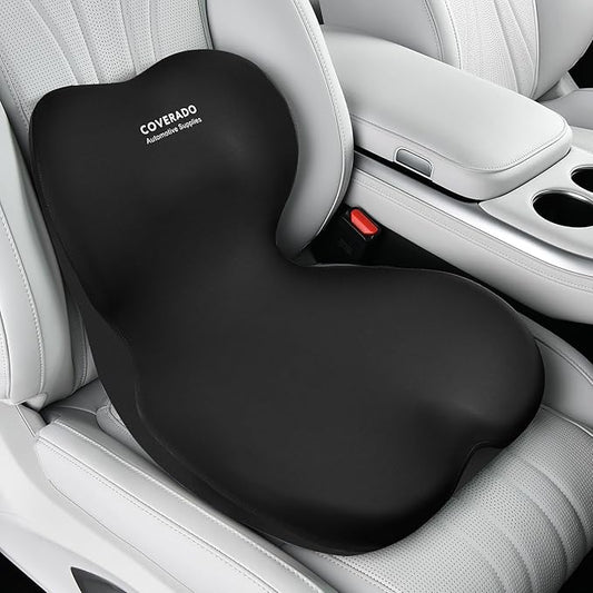 Coverado Car Seat Cushion and Lumbar Support Pillow One Piece, Memory Foam Ergonomic Back Support Driving Seat Cushion for Back Pain, Non-Slip Washable Cushion for Car, Driver, Office