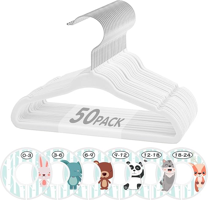 Baby Hangers, VIS'V 11 Inch White Velvet Kids Hangers with 6 Pcs Size Dividers Non Slip Nursery Children Closet Clothes Hangers for Infant Toddler Girls and Boys 50 Pcs
