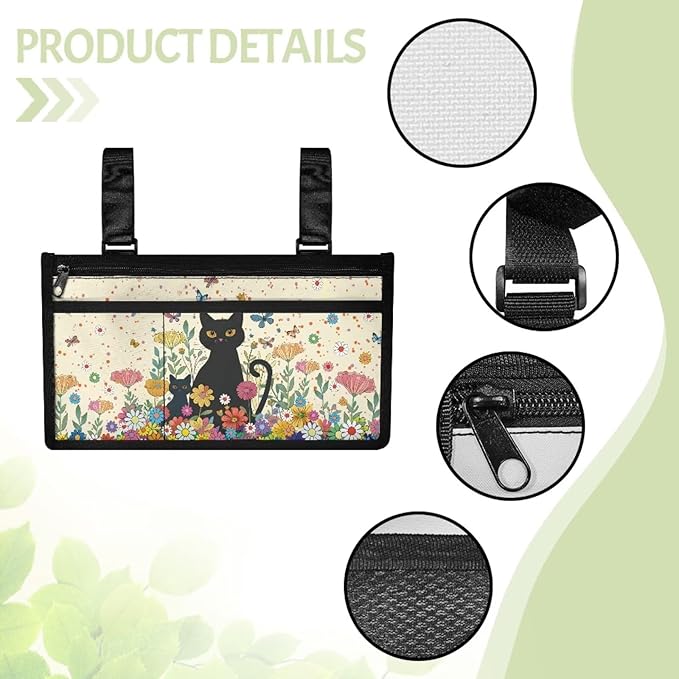 ZOUTAIRONG Wheelchair Bag wiht Cup Holder for Adults Walker Bags and Pouches Wheelchair Bags to Hang on Side Power, Black Cats Flowers