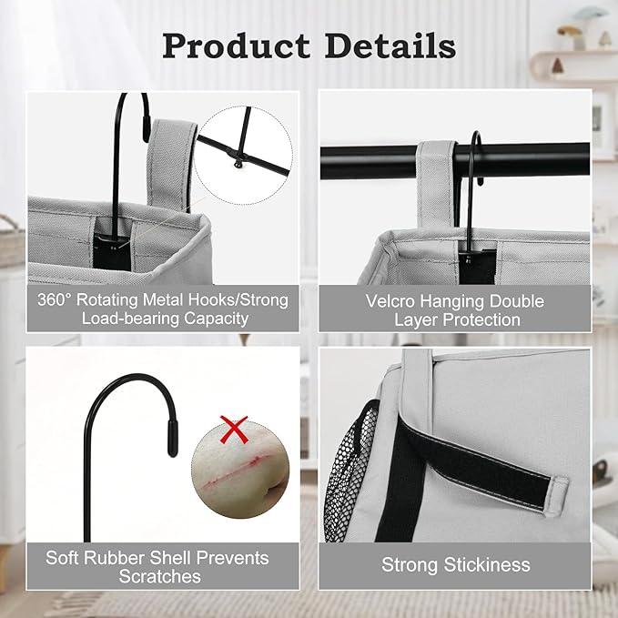 Surblue Bedside Organizer with Hook Bedside Caddy Hanging Storage Bag with Adjustable Straps and Water Bottle Holder for Home College Dorm Bunk Bed Accessories, Hospital Bed,Lightgrey