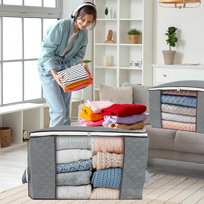 combocube 3Pcs Zippered Storage Bag for Closet King Comforter, pillow, quilt, bedding, Clothes, Blanket Organizers with Large Clear Window & Carry Handles Space Saver